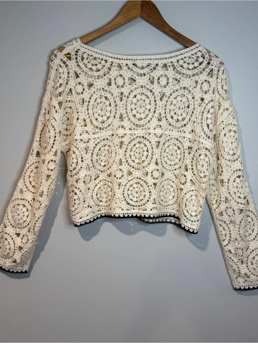 Zara Cream Crochet Lace Long Sleeve Crop Top Black Trim Boho Festival Sheer M